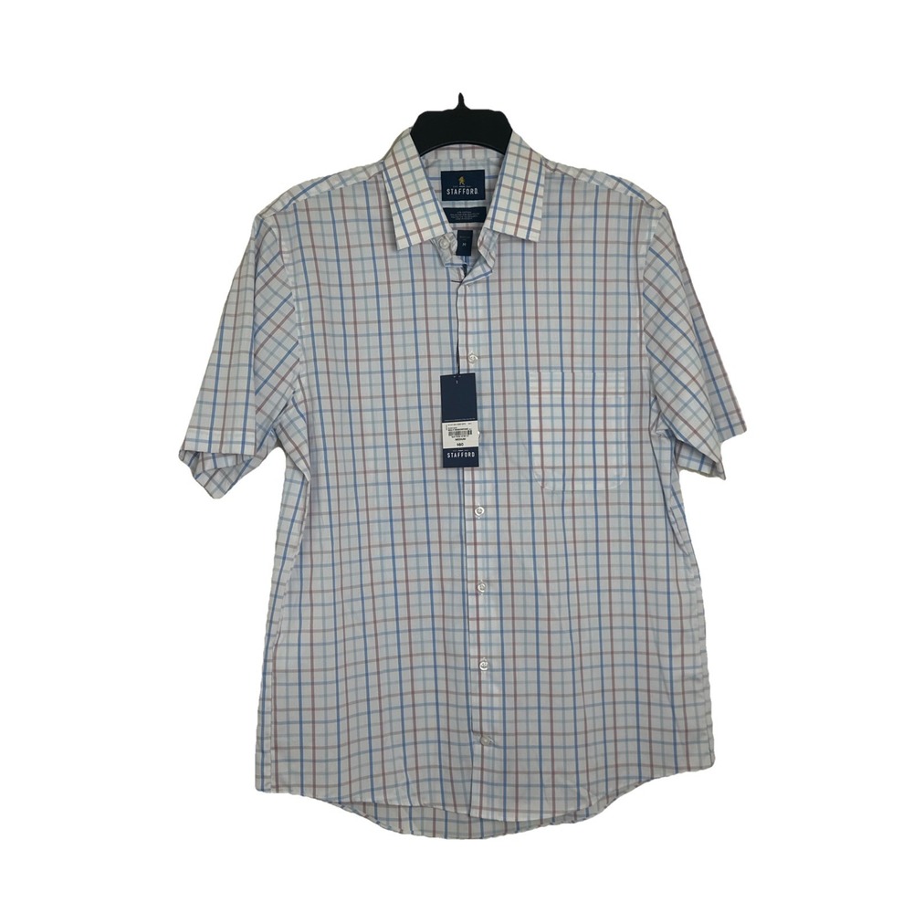 Stafford Dress Shirt‎ Men's M Regular Fit Multi Windowpane Short Sleeve $60 NWT